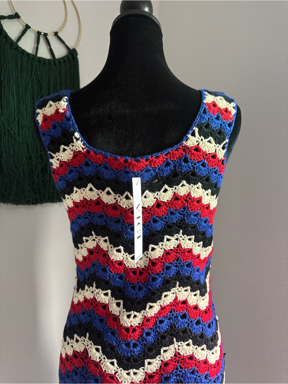 Vici Crochet Wave Tank Mini Dress in Blue, Red, Black & Cream - Picture 10 of 12